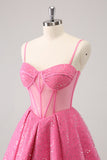 Pink A Line Tulle Spaghetti Straps Sparkly Homecoming Dress