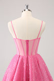 Pink A Line Tulle Spaghetti Straps Sparkly Homecoming Dress