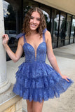 Blue A Line Tiered Appliques V Neck Homecoming Dress