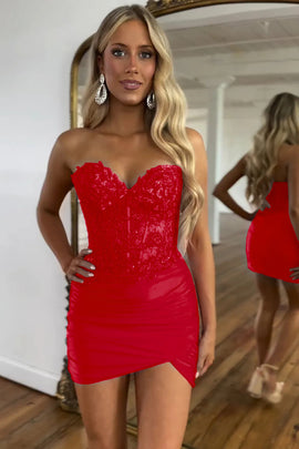 Red Strapless Lace Tight Homecoming Dress