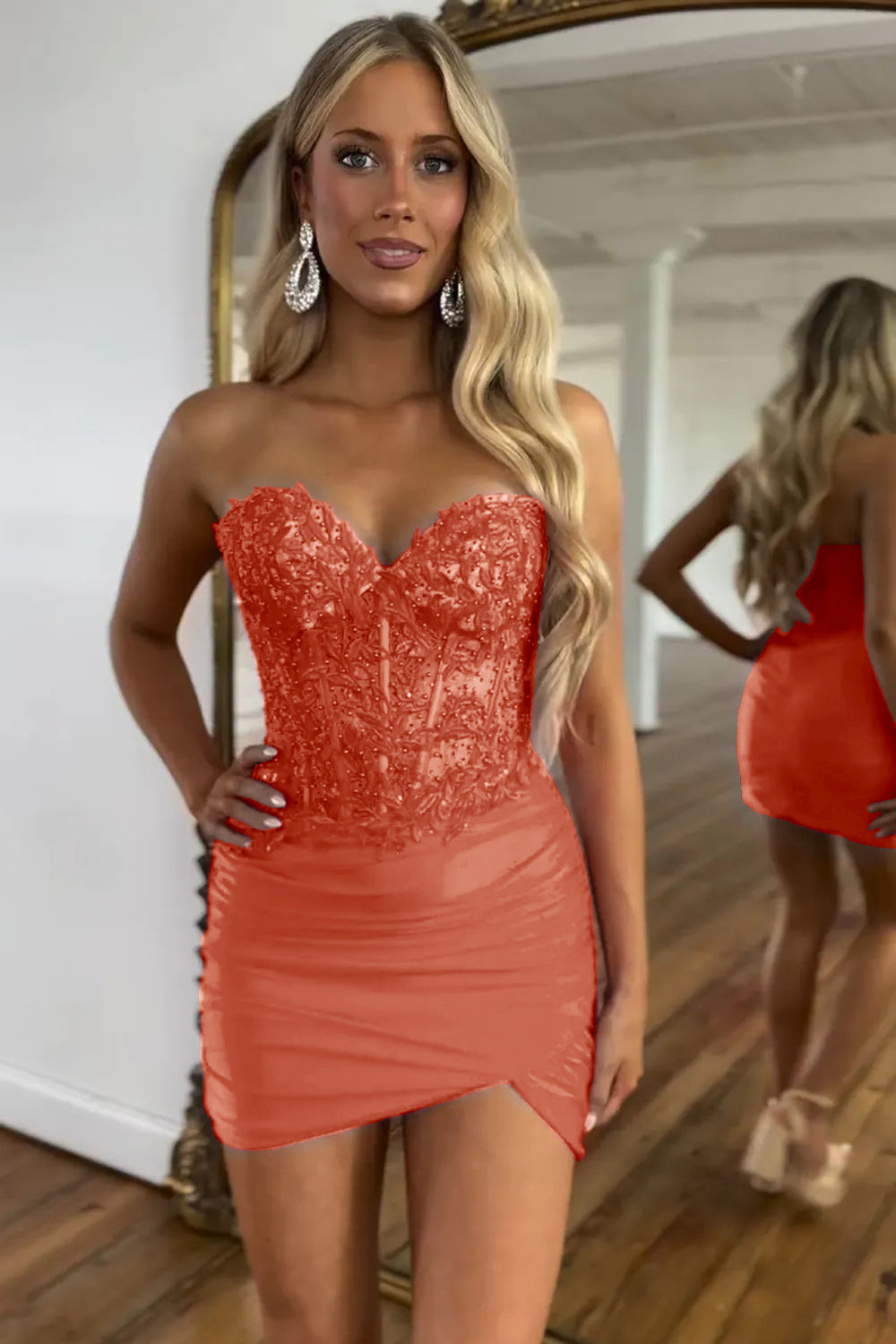 Red Strapless Lace Tight Homecoming Dress