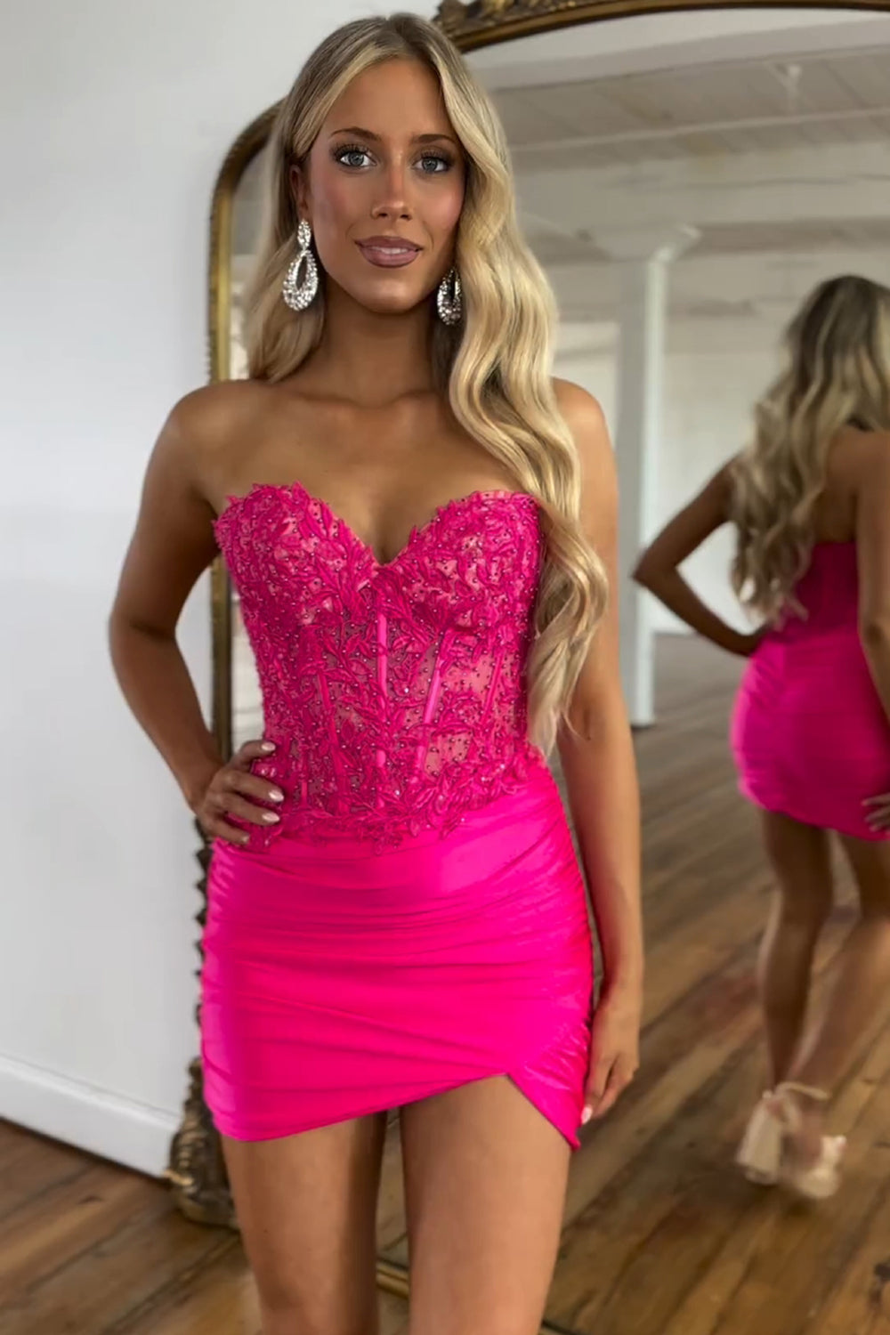 Fuchsia Strapless Lace Tight Homecoming Dress