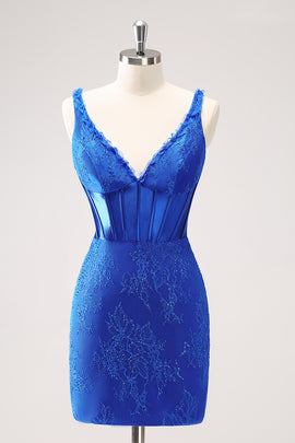 Royal Blue Corset V Neck Beaded Tight Short Homecoming Dress