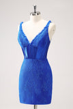 Royal Blue Corset V Neck Beaded Tight Short Homecoming Dress