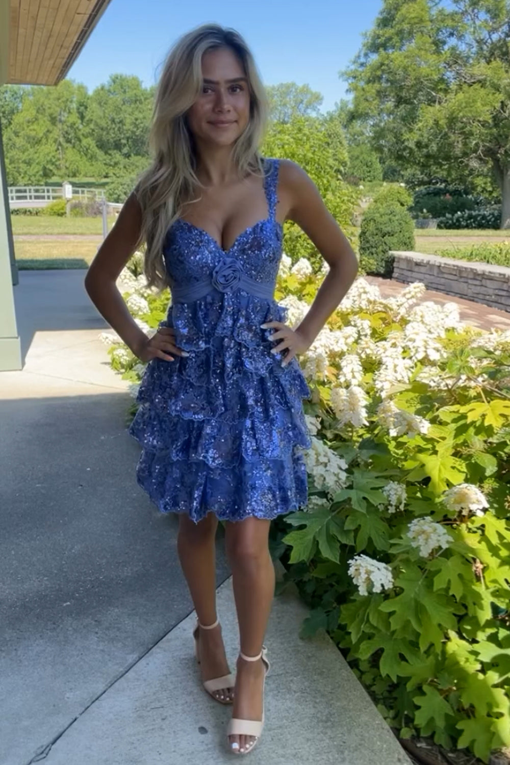 A Line Blue Sequins Sparkly Homecoming Dress