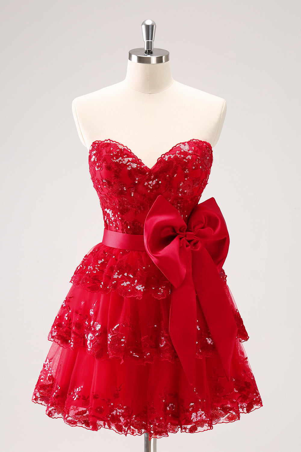 Red Sequined Strapless A Line Short Homecoming Dress with Bow