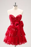 Red Sequined Strapless A Line Short Homecoming Dress with Bow