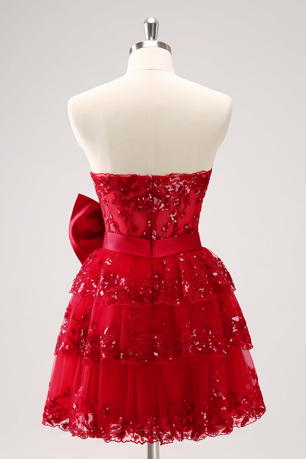 Red Sequined Strapless A Line Short Homecoming Dress with Bow