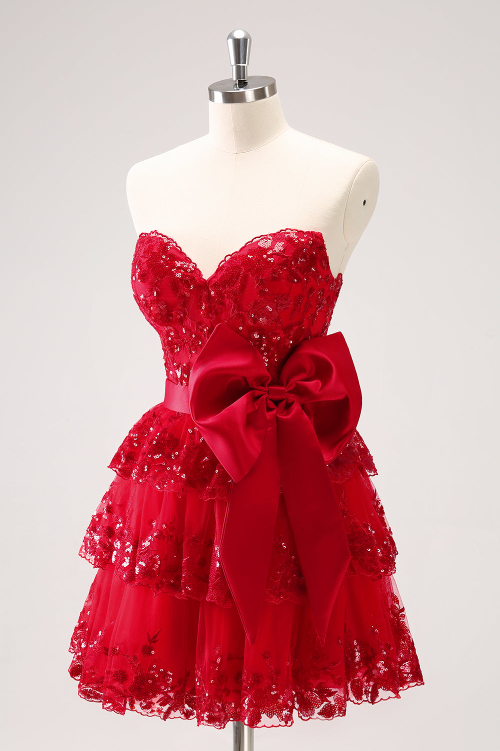 Red Sequined Strapless A Line Short Homecoming Dress with Bow