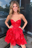 Sequined Red Strapless A Line Short Homecoming Dress with Bow