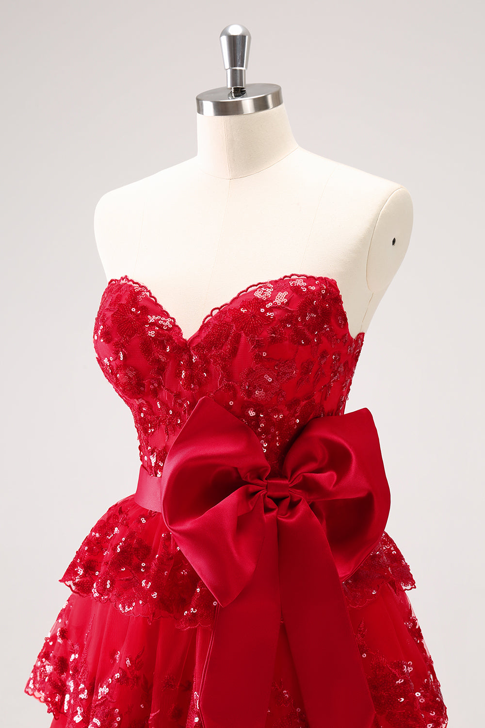 Red Sequined Strapless A Line Short Homecoming Dress with Bow