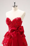 Red Sequined Strapless A Line Short Homecoming Dress with Bow