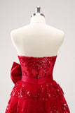 Red Sequined Strapless A Line Short Homecoming Dress with Bow