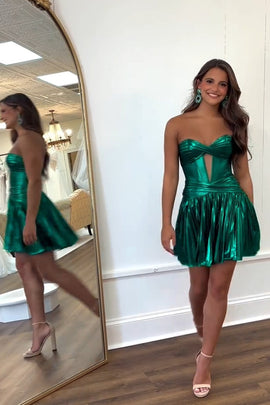 Dark Green A Line Strapless Homecoming Dress