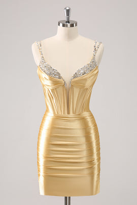 Golden Sequins Spaghetti Straps Tight Homecoming Dress