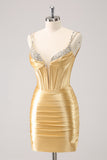 Golden Sequins Spaghetti Straps Tight Homecoming Dress