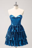 A Line Peacock Blue Strapless Homecoming Dress