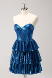 A Line Peacock Blue Strapless Homecoming Dress