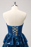 A Line Peacock Blue Strapless Homecoming Dress