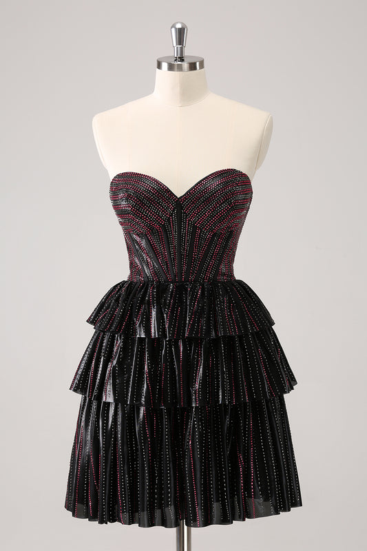 Black Pink A Line Strapless Beaded Homecoming Dress