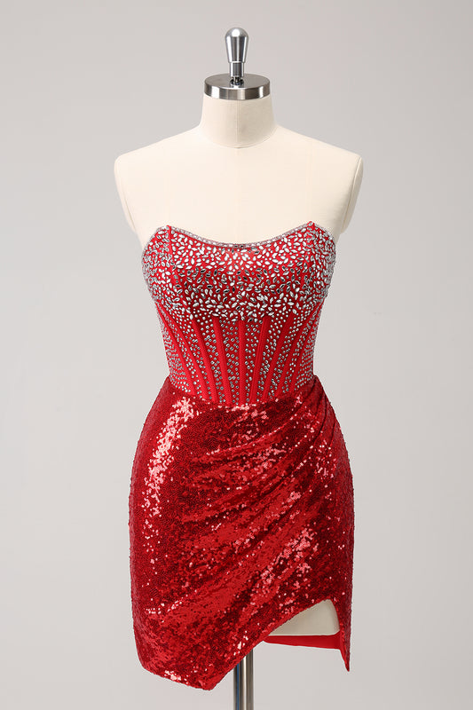 Red Sequins Bodycon Strapless Sparkly Homecoming Dress