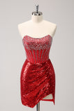 Red Sequins Bodycon Strapless Sparkly Homecoming Dress