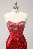 Red Sequins Bodycon Strapless Sparkly Homecoming Dress