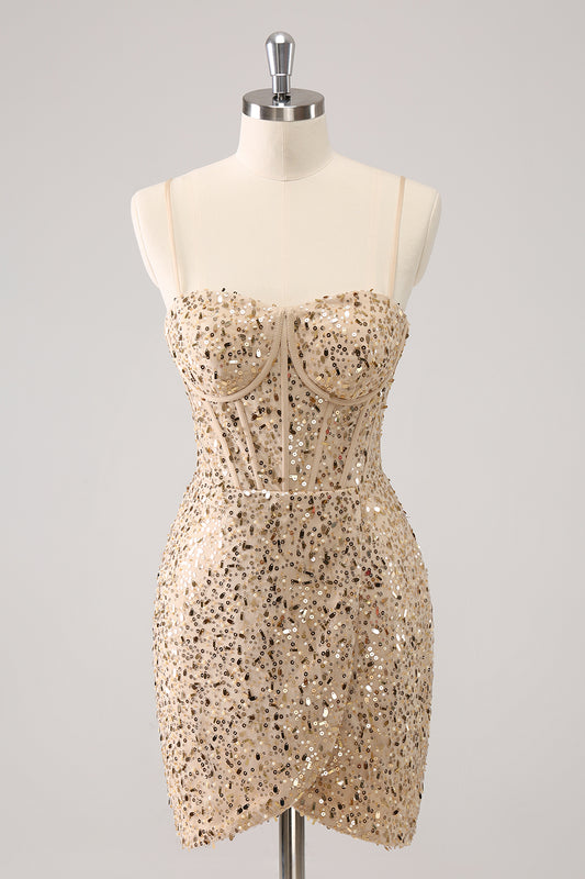 Golden Spaghetti Straps Sequins Tight Homecoming Dress