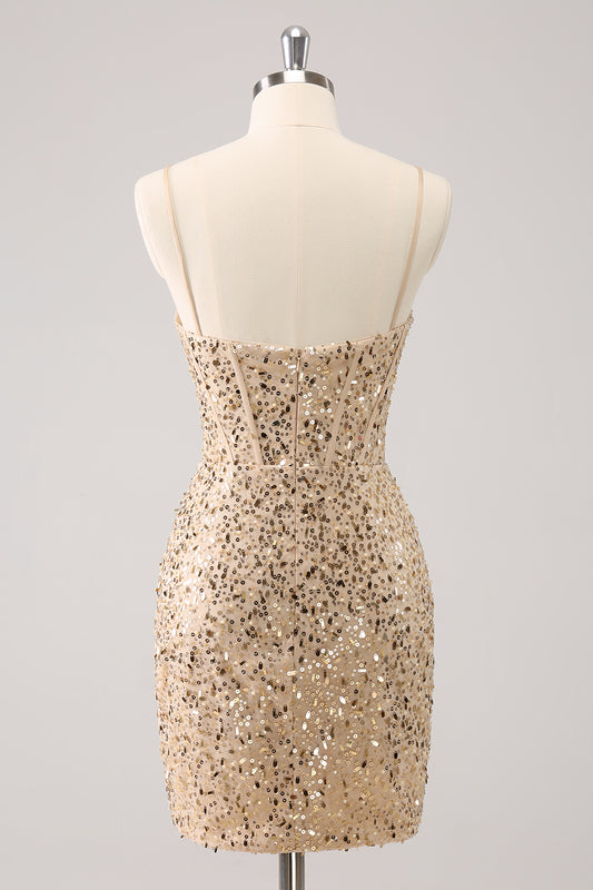 Golden Spaghetti Straps Sequins Tight Homecoming Dress