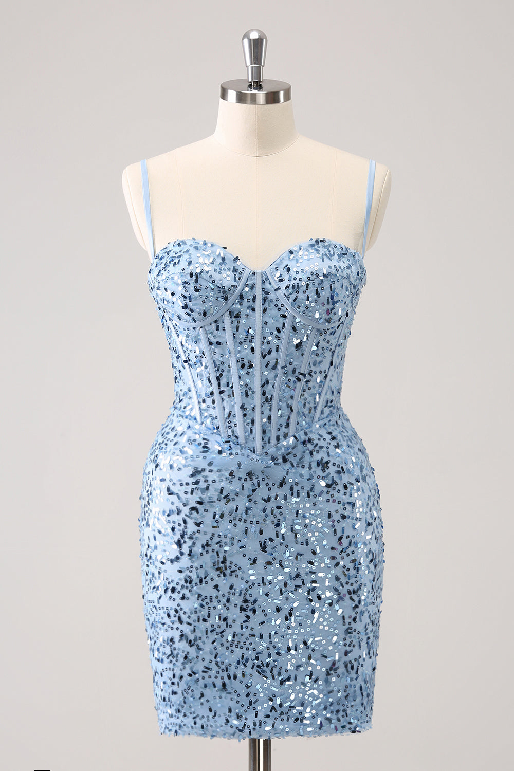 Spaghetti Straps Blue Sequins Tight Homecoming Dress