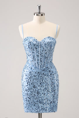 Spaghetti Straps Blue Sequins Tight Homecoming Dress