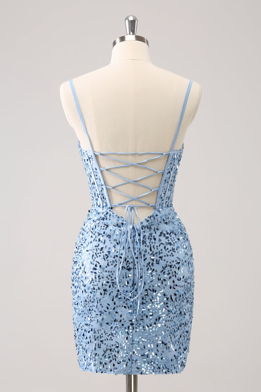 Spaghetti Straps Blue Sequins Tight Homecoming Dress