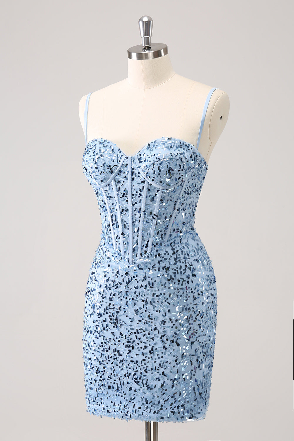 Spaghetti Straps Blue Sequins Tight Homecoming Dress