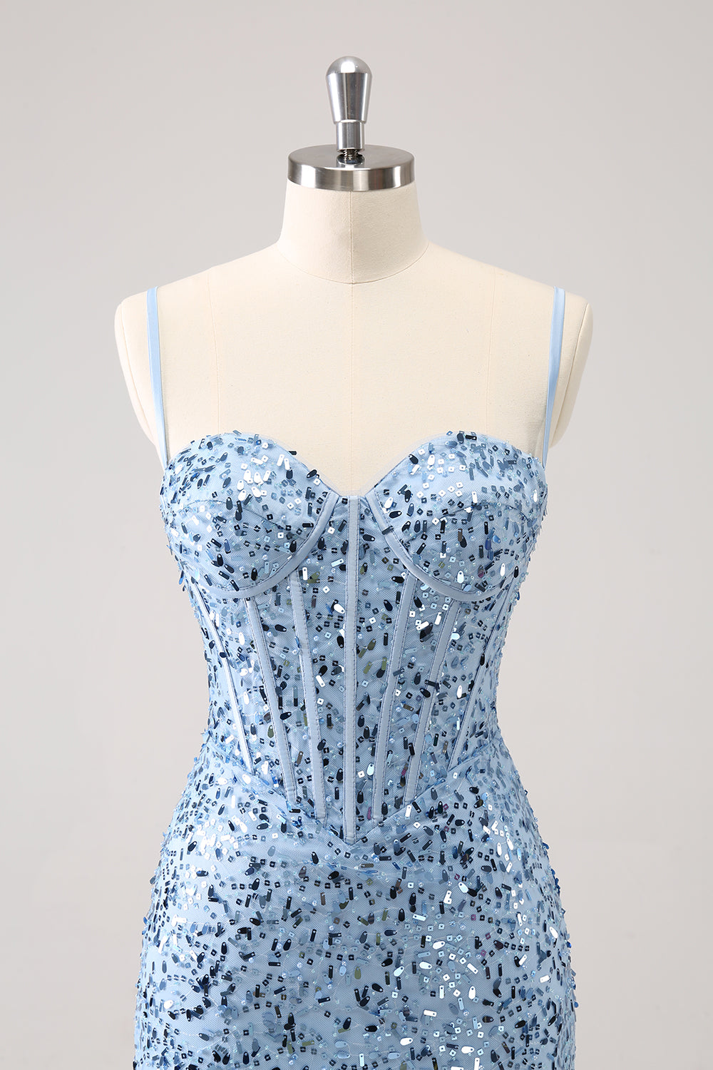 Spaghetti Straps Blue Sequins Tight Homecoming Dress