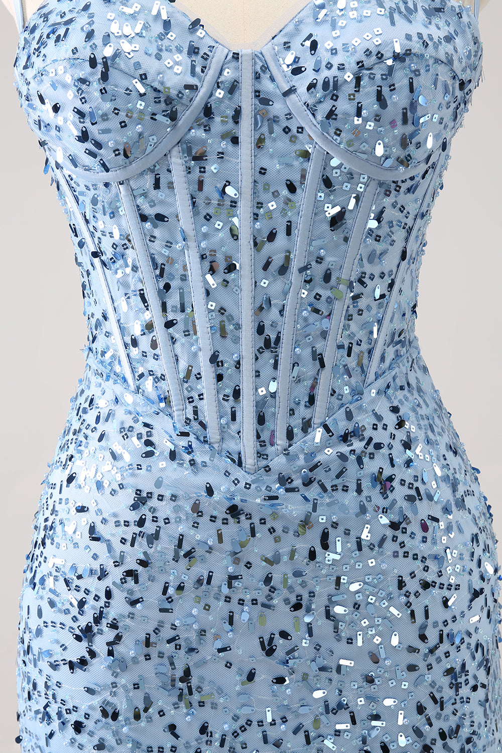 Spaghetti Straps Blue Sequins Tight Homecoming Dress