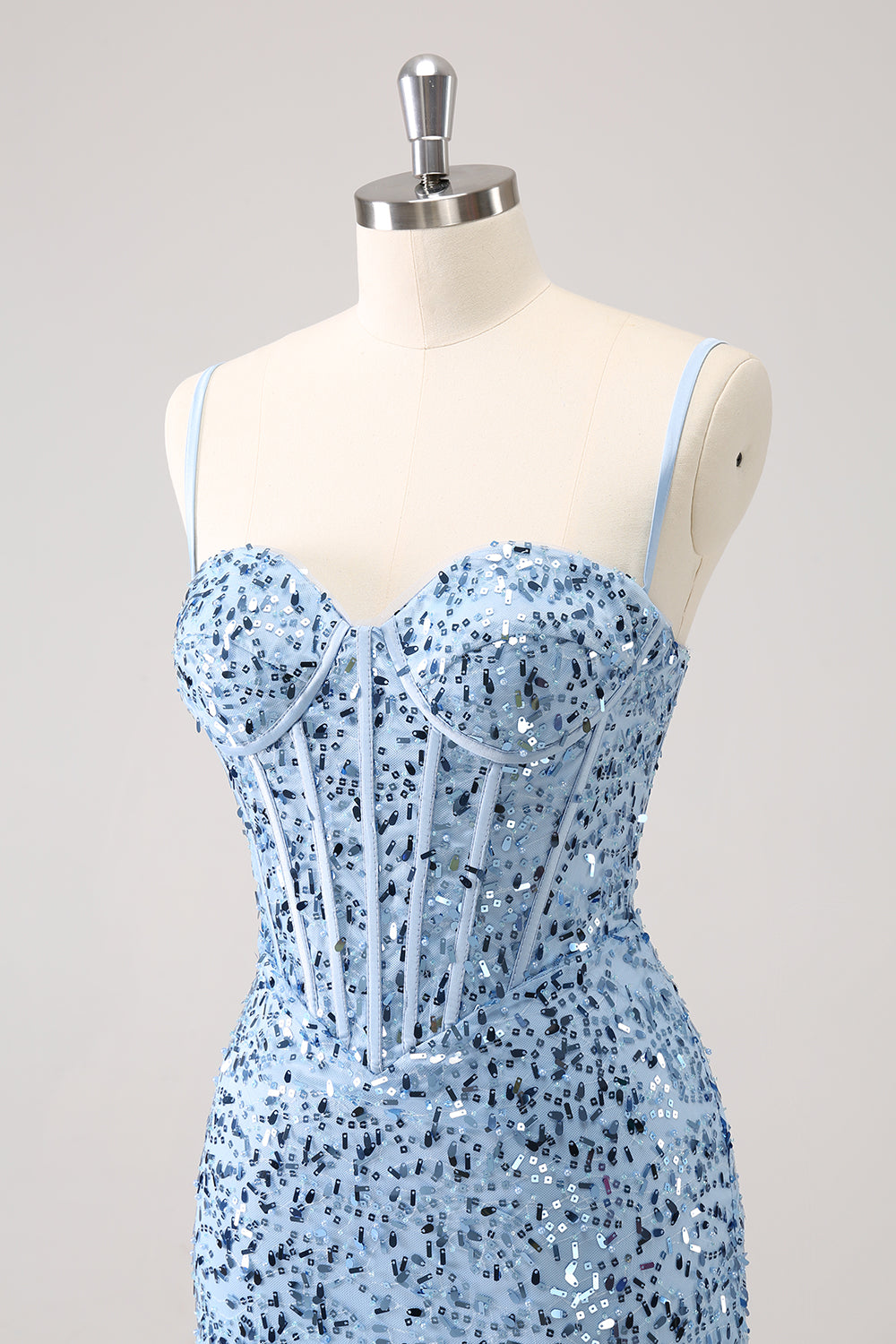 Spaghetti Straps Blue Sequins Tight Homecoming Dress