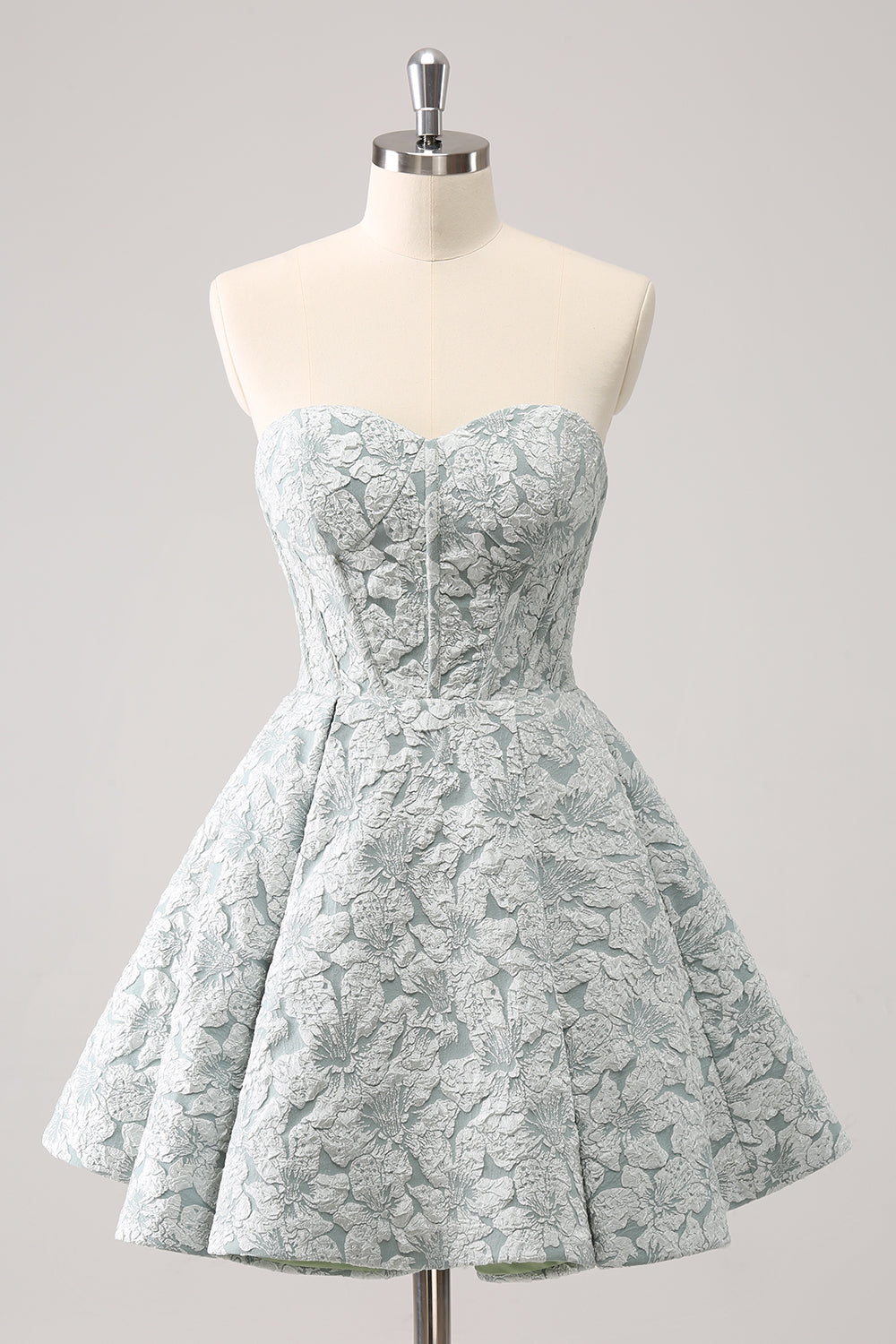 Grey Green Floral A Line Strapless Homecoming Dress