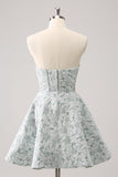 Grey Green Floral A Line Strapless Homecoming Dress