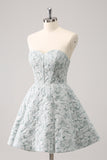 Grey Green Floral A Line Strapless Homecoming Dress