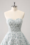 Grey Green Floral A Line Strapless Homecoming Dress