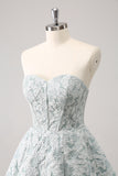 Grey Green Floral A Line Strapless Homecoming Dress