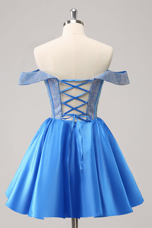 A Line Off The Shoulder Blue Beaded Homecoming Dress