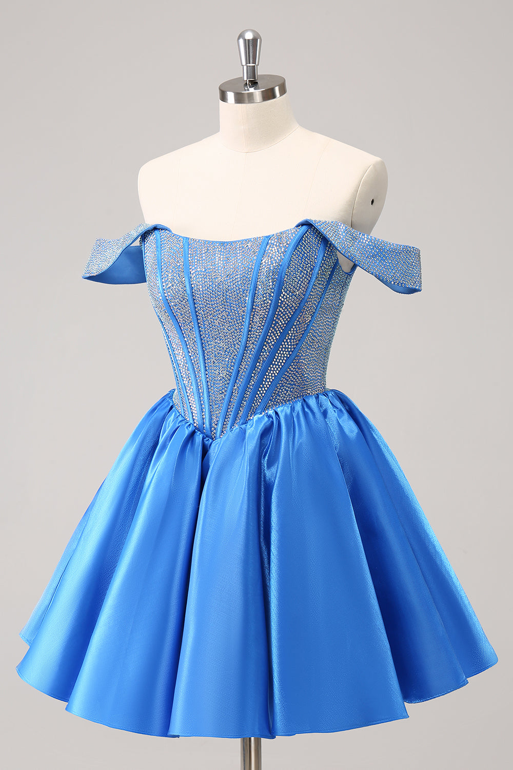 A Line Off The Shoulder Blue Beaded Homecoming Dress