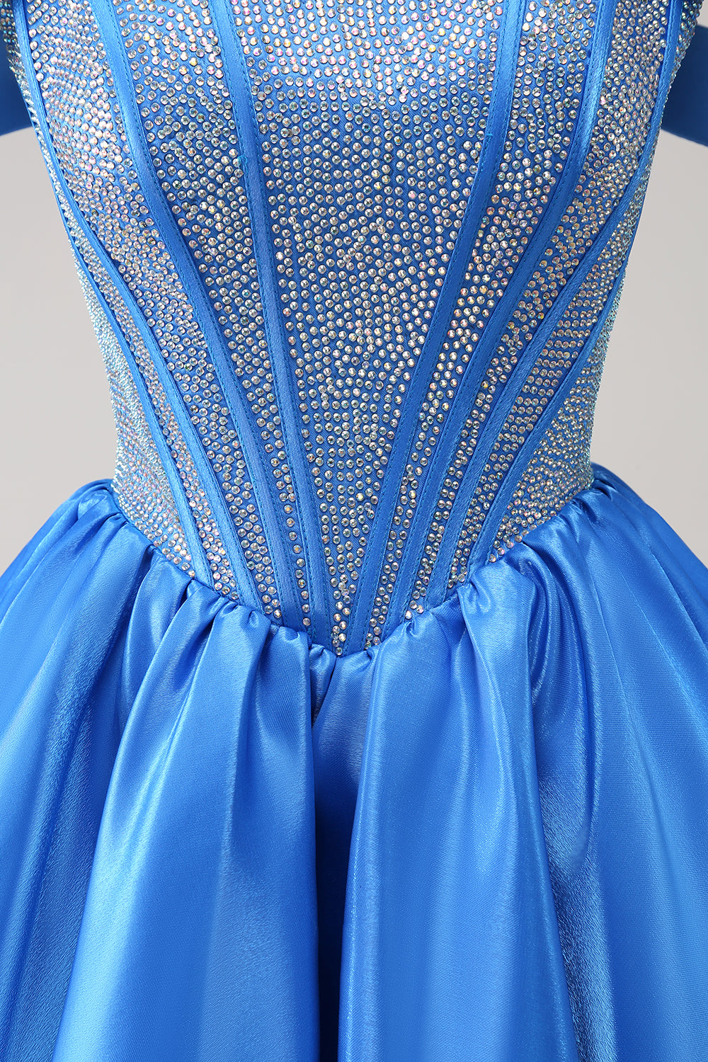 A Line Off The Shoulder Blue Beaded Homecoming Dress