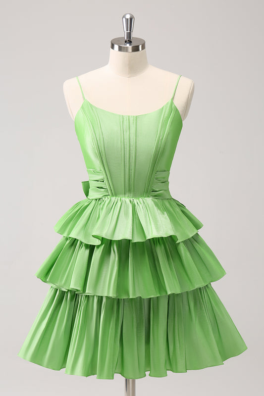 Green A Line Tiered Homecoming Dress With Bow