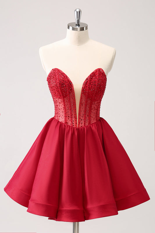 Red A Line Strapless Beaded Homecoming Dress