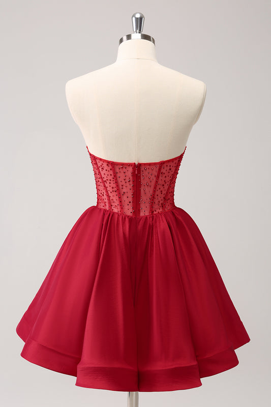 Red A Line Strapless Beaded Homecoming Dress