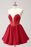 Red A Line Strapless Beaded Homecoming Dress