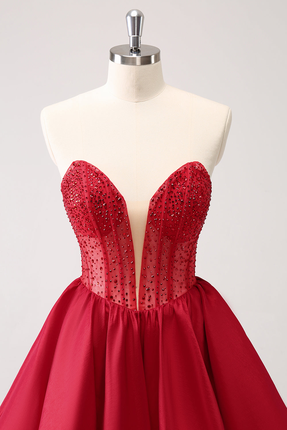 Red A Line Strapless Beaded Homecoming Dress