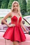 Red A Line Strapless Beaded Homecoming Dress